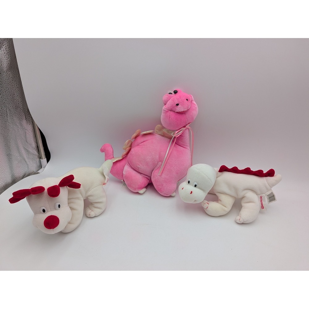 Commonwealth Plush Dinosaur Lot Pink White Red Vintage 1991 1994 3 Piece Set